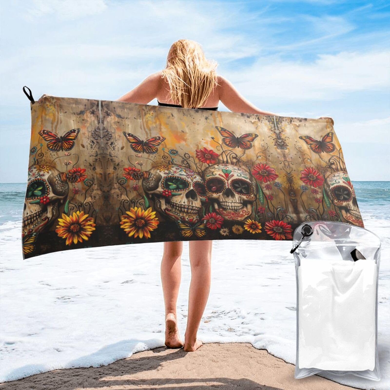DIEzig Sugar Skulls Butterfly Print Beach Towel Fast Dry Thin For Holiday Vacation Cruise Gym Swimmers