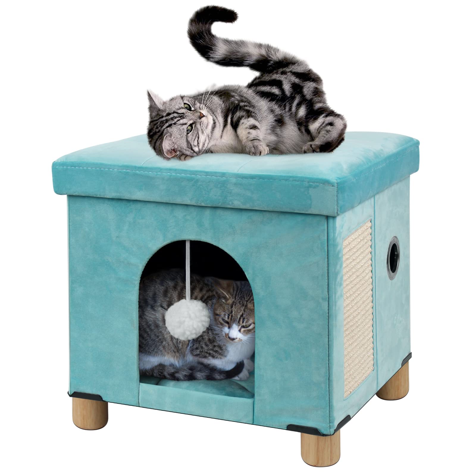 BRIAN & DANY Cama Plegable para Gatos de Interior, Cubo Grande de Gato para casa de Gatos con Tablero de arañazos y Pelota de Gato, 31 x 31,8 x 36 cm, Verde