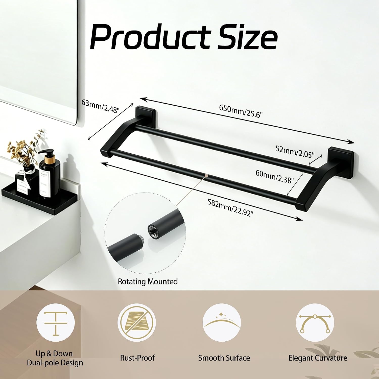 Alise Double Towel Bar, 24 Inch Towel Rack for Bathroom Wall Mounted, SUS304 Stainless Steel Bathroom Towel Holder Joining Process Towel Rail for Bathroom,Matte Black