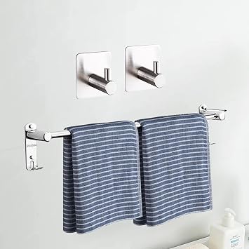 3 Pcs Bathroom Hardware Set, Includes 17 to 30 in Adjustable Bathroom Towel Bar/Towel Rack 304 Stainless Steel Wall Mount, 2 Pcs Adhesive Towel Hooks for Kitchen or Bathroom