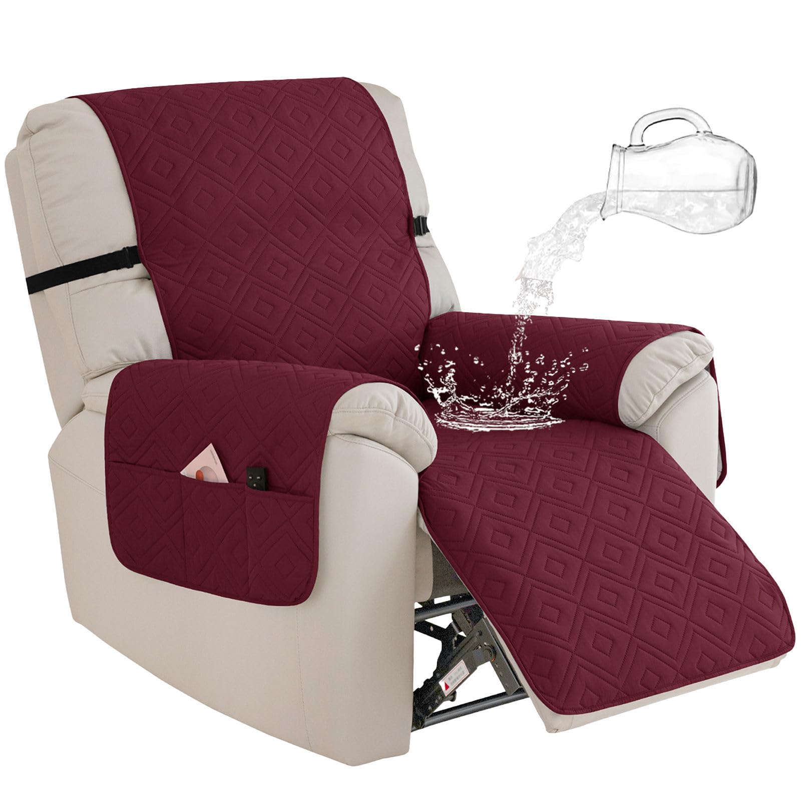 Funda antideslizante para silla reclinable acolchada para sillas eléctricas, protector de muebles de un solo asiento para niños, mascotas, perros, gatos, elegante color vino tinto