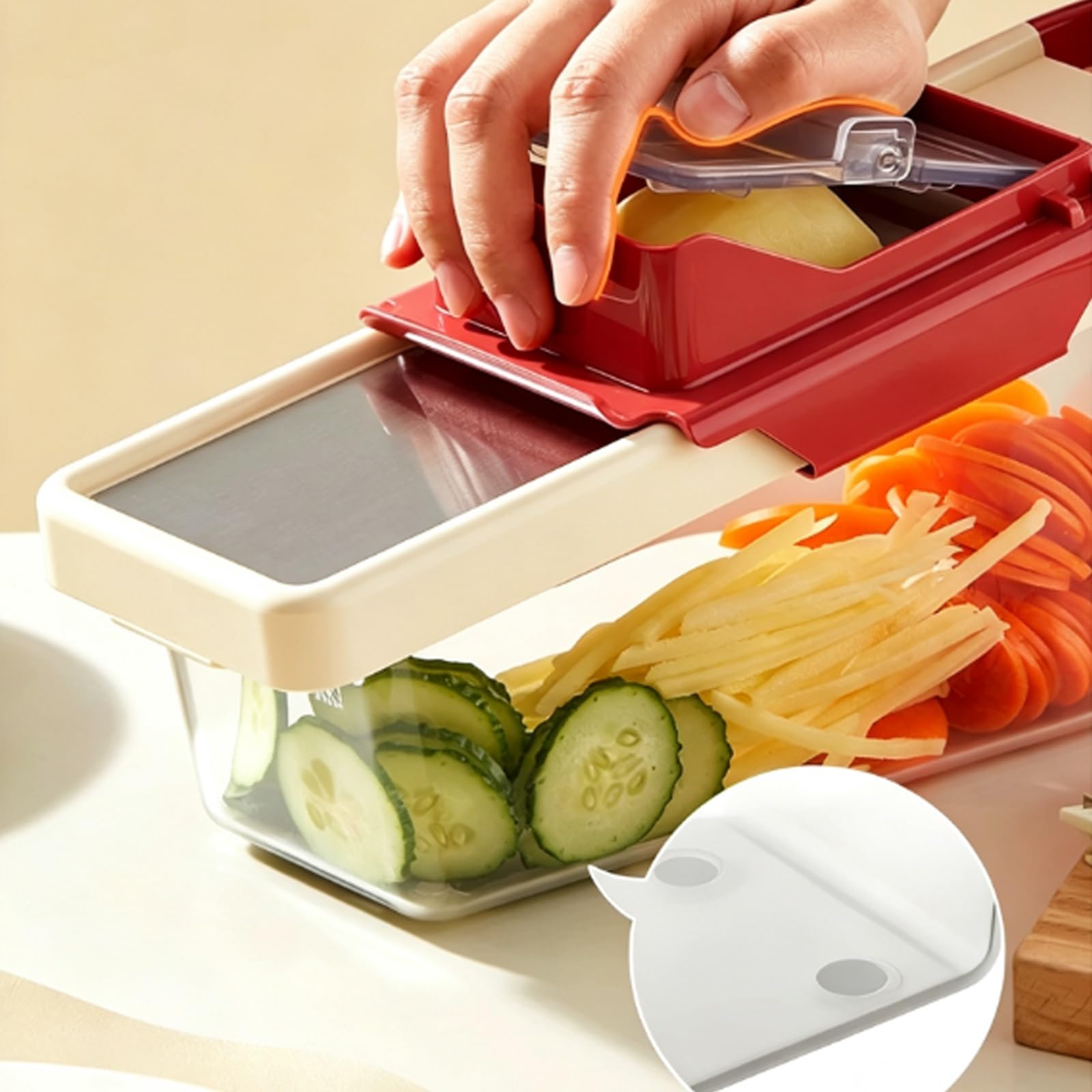Multifuncional Cortador de Verdura Manual, Mandolina de Cocina Profesional con Recipiente, Protección Integral 360°, Patas Antideslizantes Que Garantizan Funcionamiento Estable
