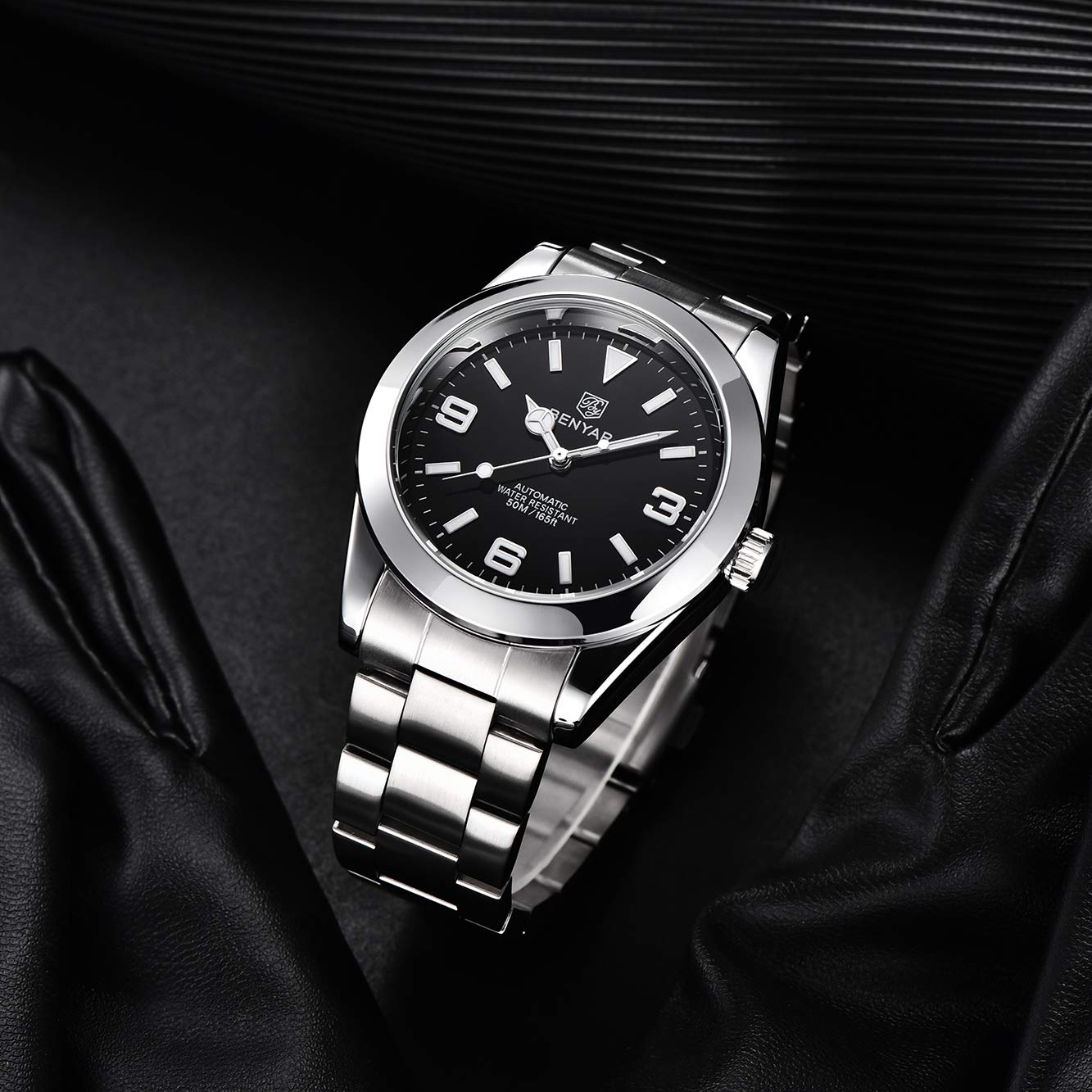 Benyar Elegante Reloj mecánico automático de 41MM para Hombre, con Correa de Acero Inoxidable Impermeable, Luminoso Reloj de Pulsera analógico