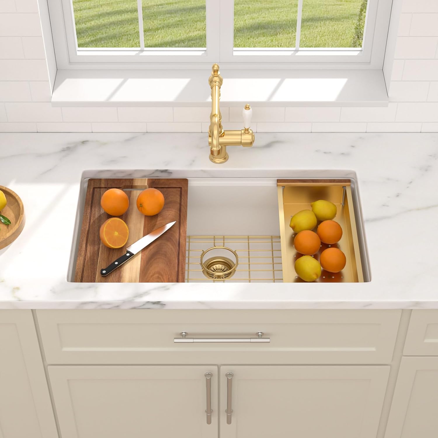 Dcolora 30 Inch White Undermount Kitchen Sink, Granite Composite Single Bowl Basin Quartz Under Counter Workstation Design