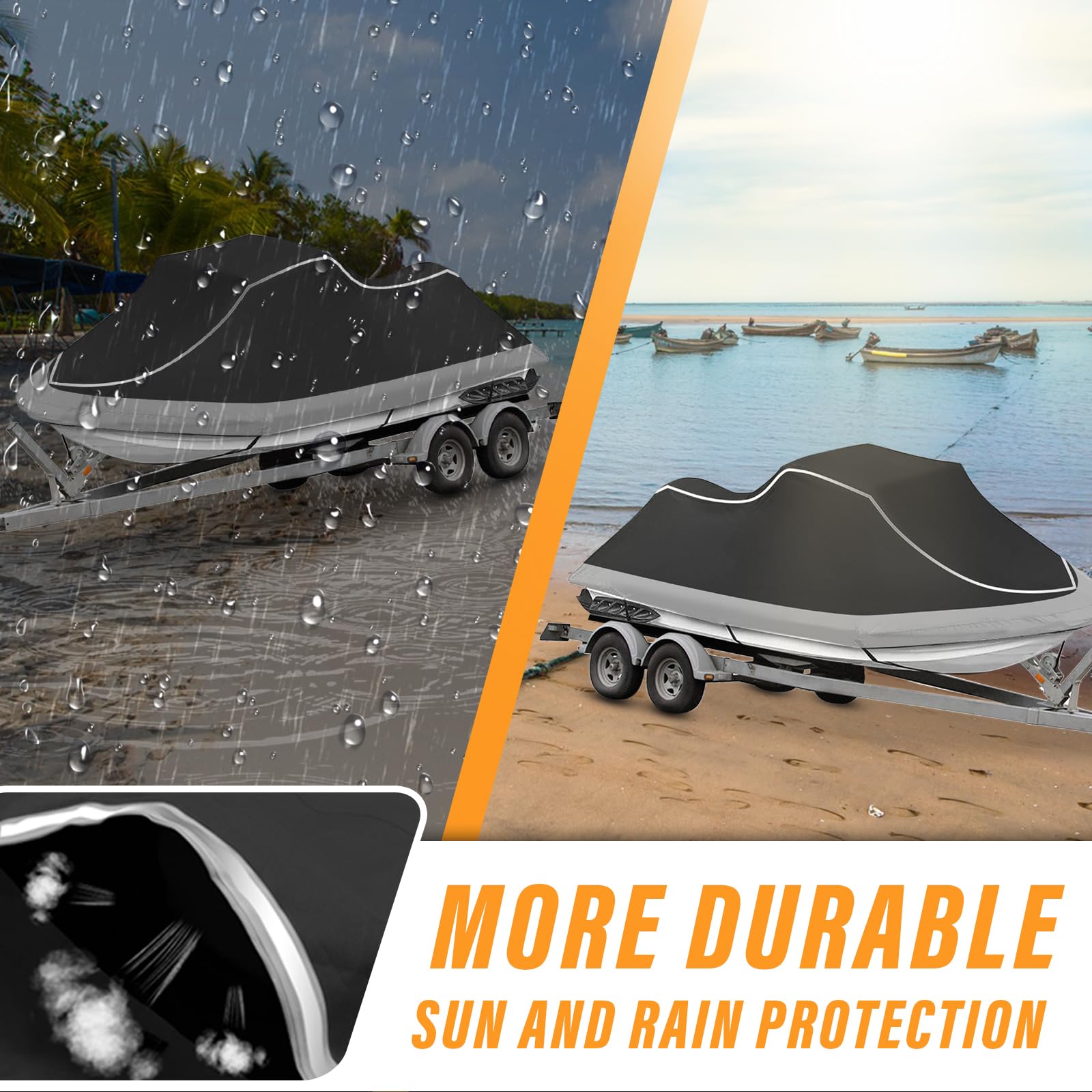 Housse de Jet Ski remorquable – Housse de Protection imperméable et résistante pour PWC 2 Places avec Bandes réfléchissantes et aérations pour Seadoo, Yamaha, Kawasaki Polaris, Convient