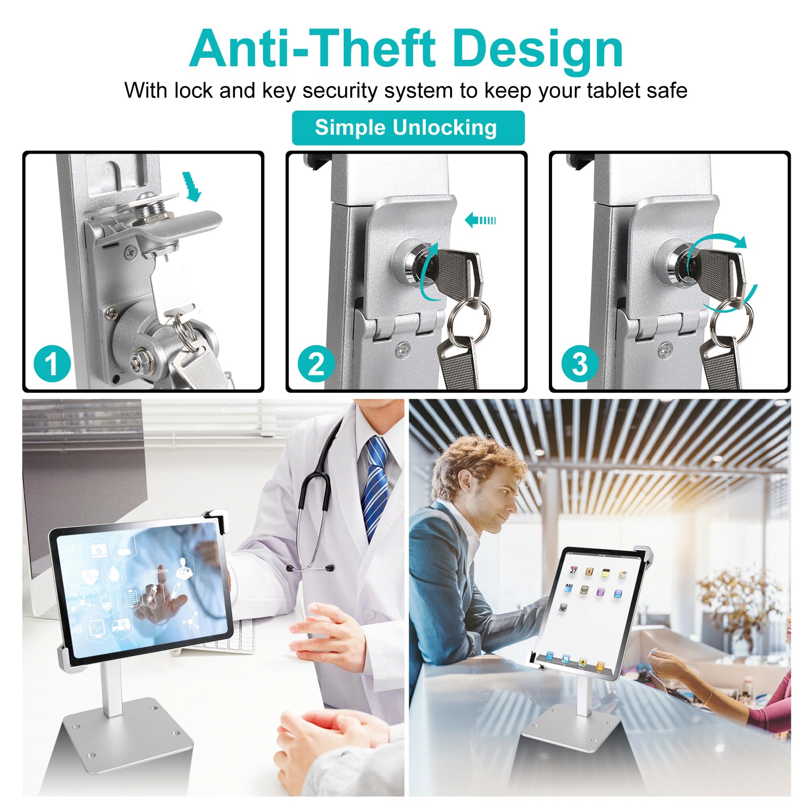 GDZN Supporto Tablet Antifurto Tavolo - Supporto iPad Sicurezza Antitaccheggio con Serratura e Chiave per Scrivania, Chiosco, Negozio/POS, Reception, Compatibile con iPad Pro, Samsung Tab, da 7-11"