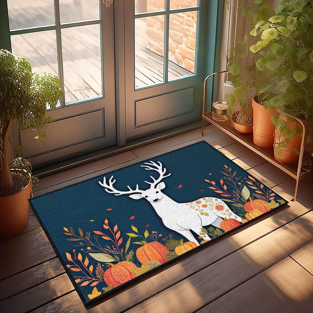 Tapis d'extérieur cerf blanc grand paillasson décoratif feuilles d'automne 65 x 90 cm