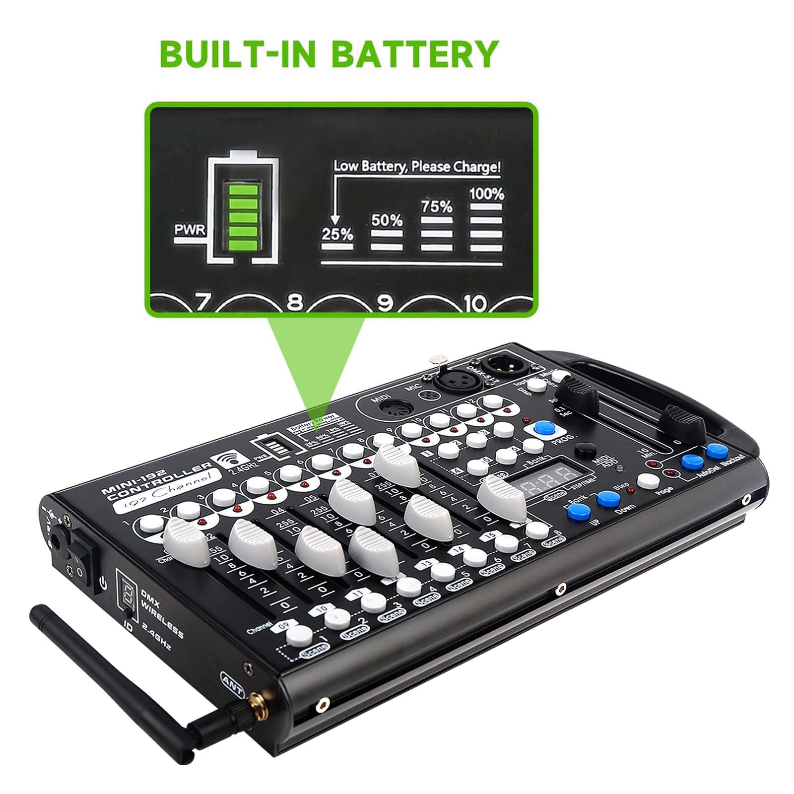 Battery DMX Controller Wireless with MIDI, DMX Board 512 Light