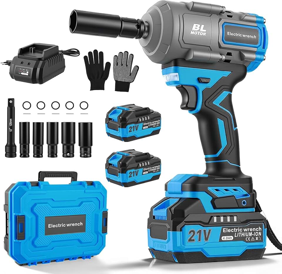 Llave de Impacto 1200 Nm, 1/2" Sin Escobillas 21V con 2x4,0Ah Batería, Llave de Impacto de Alto Par & 5 Casquillos y Maletín para Tornillos y Tuercas, Quitar Neumáticos Coche Camión