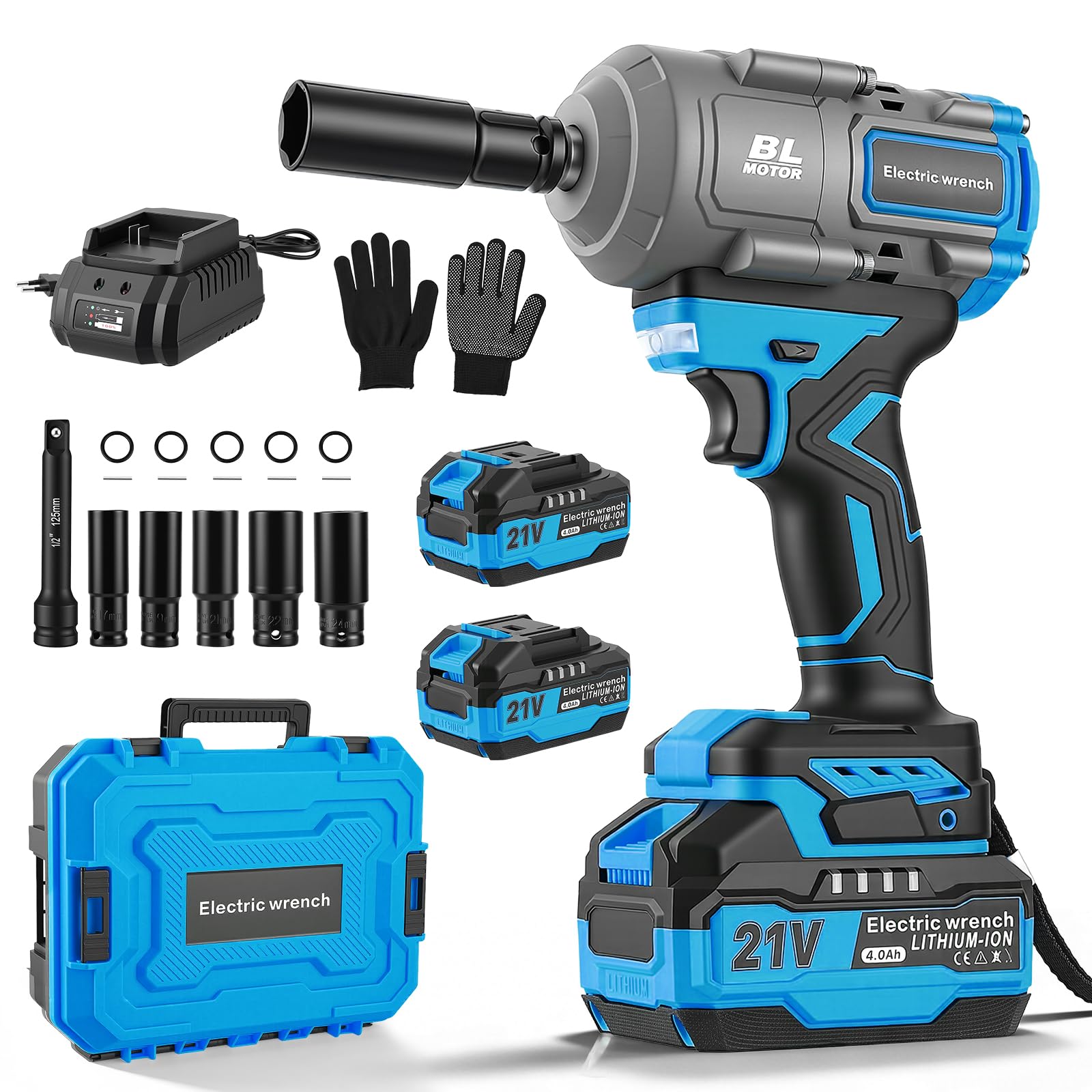 1200N.m Llave De Impacto con 8000mAh Baterías, 1/2 Pistola De Impacto Electrica para Coches Camiones,con 5Enchufes, Barra de extensión de 5",Atornillador de Impacto Giratorio Para Coche (Azul)
