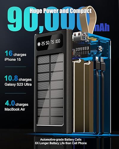 Miniatura 2 de Banco de energía de 90000 mAh, carga rápida de 35 W con cargador solar, cables USB-CLightning incorporados, cargador portátil de alta capacidad para