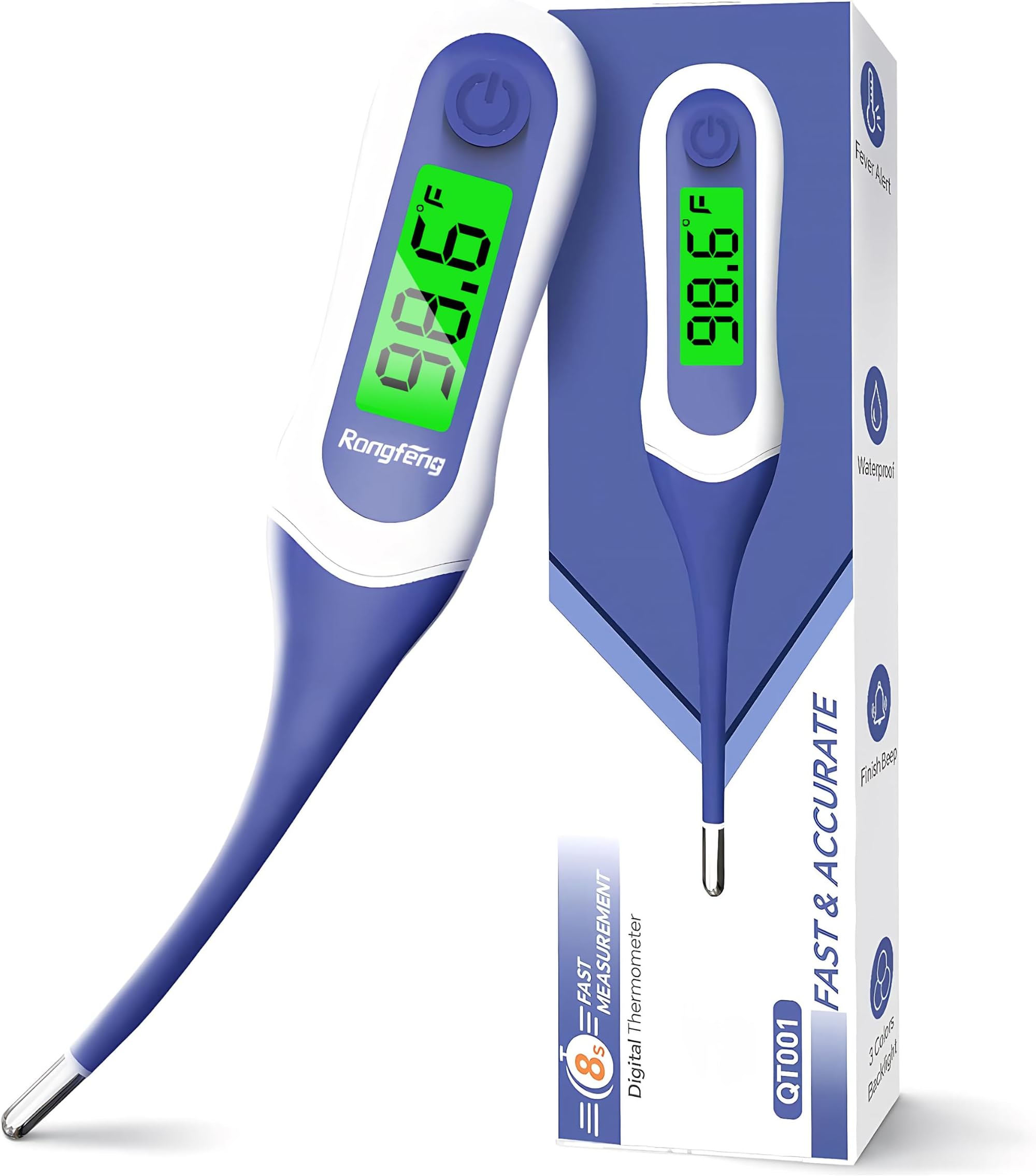 Digital Thermometer for Adults, Kids & Babies, 8-Second Fast Reading Oral Thermometer with Fever Alarm, Waterproof Baby Thermometer for Oral Rectal Underarm, 3-Color Backlit LCD,Storage Case Included