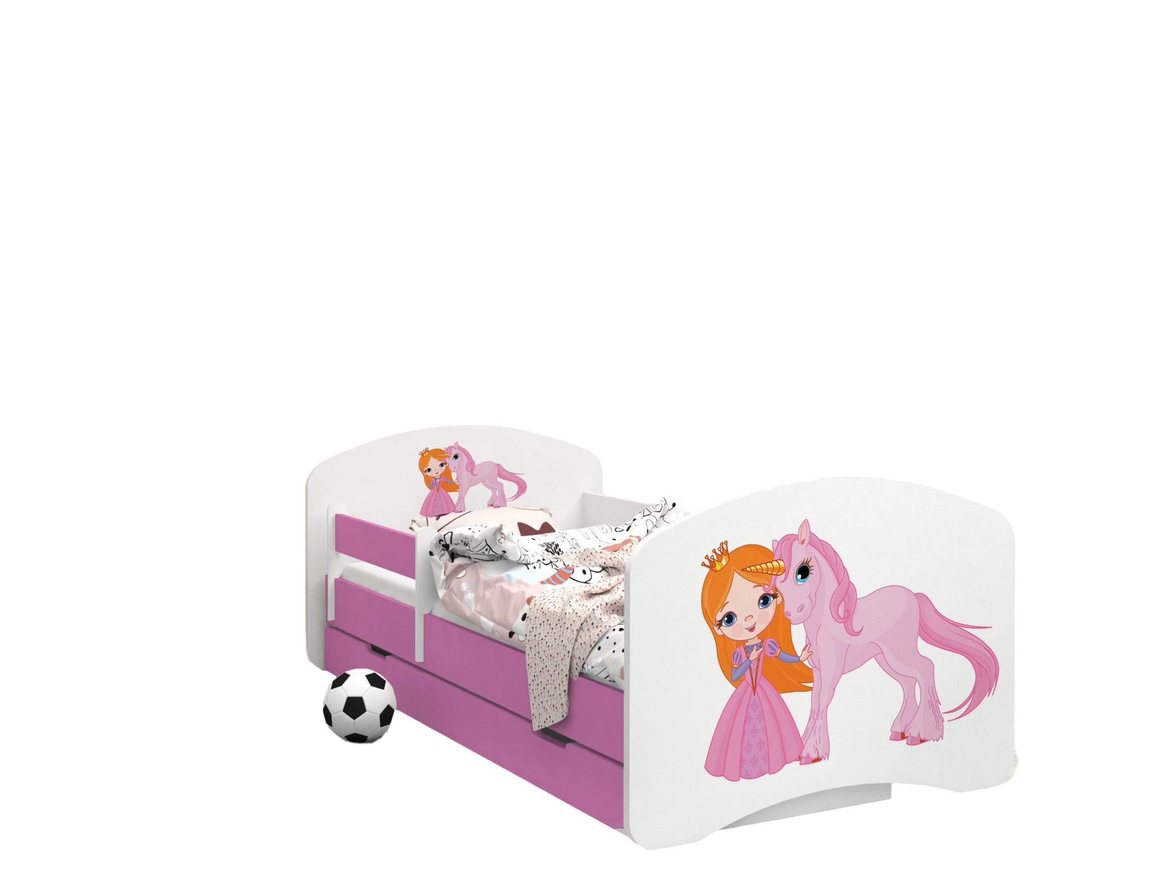 Happy Babies - Cama Infantil Rosa Doble Cara con CAJÓN Diseño Moderno con Bordes Seguros y colchón de Espuma anticaída 7 cm (40. Princesa y Unicornio, 140x70)