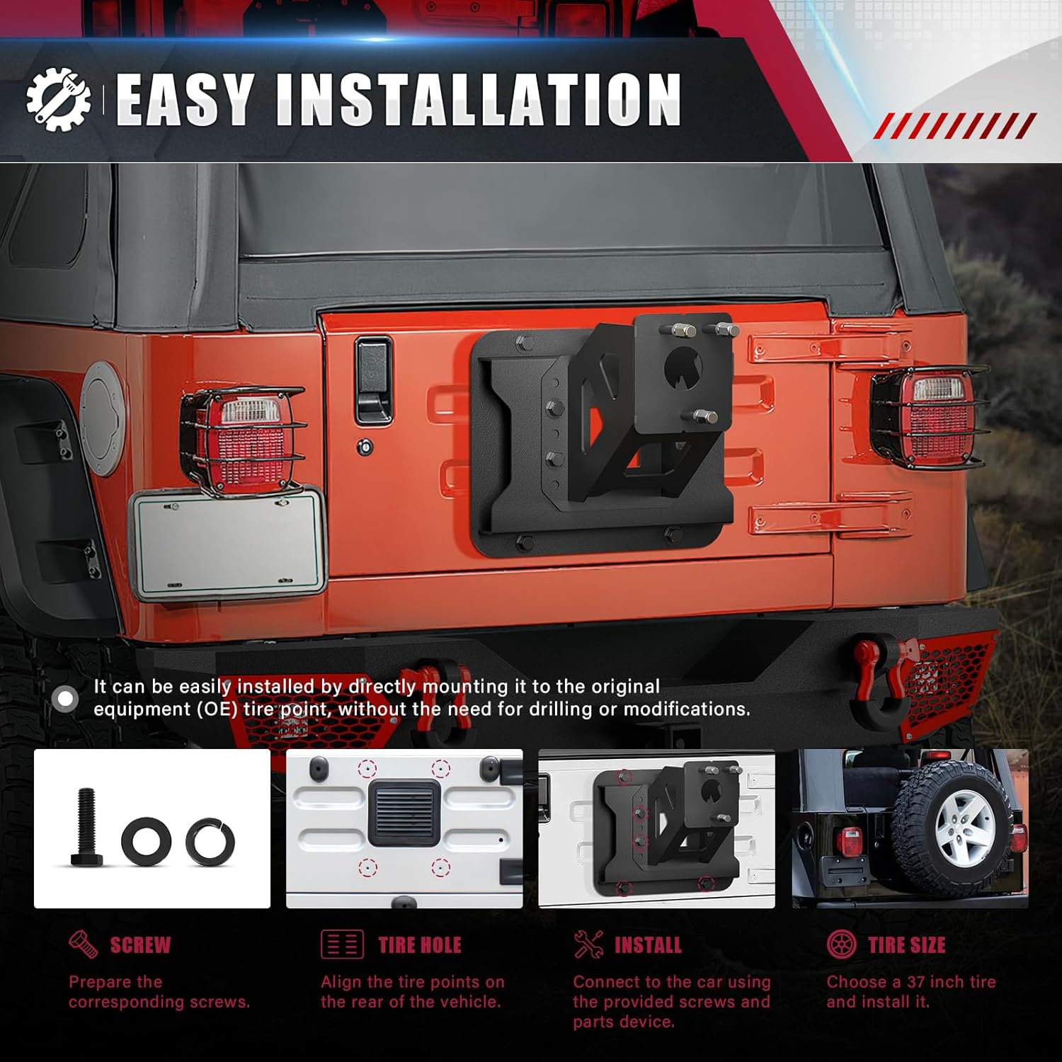Adjustable Spare Tire Carrier (Up to 40") Compatible with 1987–2006 Jeep Wrangler TJ/YJ/LJ – Heavy-Duty Spare Tire Mount Rack, Black