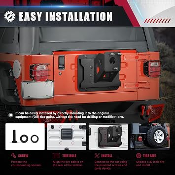 for Wrangler TJ LJ YJ Oversize Spare Tire Mount Carrier up to 40 inches Tire Compatible with 1987-2006 Jeep Wrangler TJ LJ YJ Heavy Duty Back Tire Rack Tailgate Holder Lift Rear Wheel Bracket