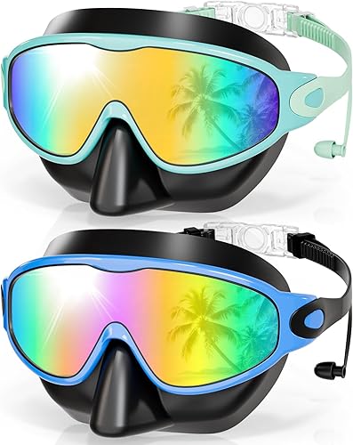 Aegend Gafas de natación con cubierta para la nariz, paquete de 2 máscaras de natación de visión amplia, antivahoUV