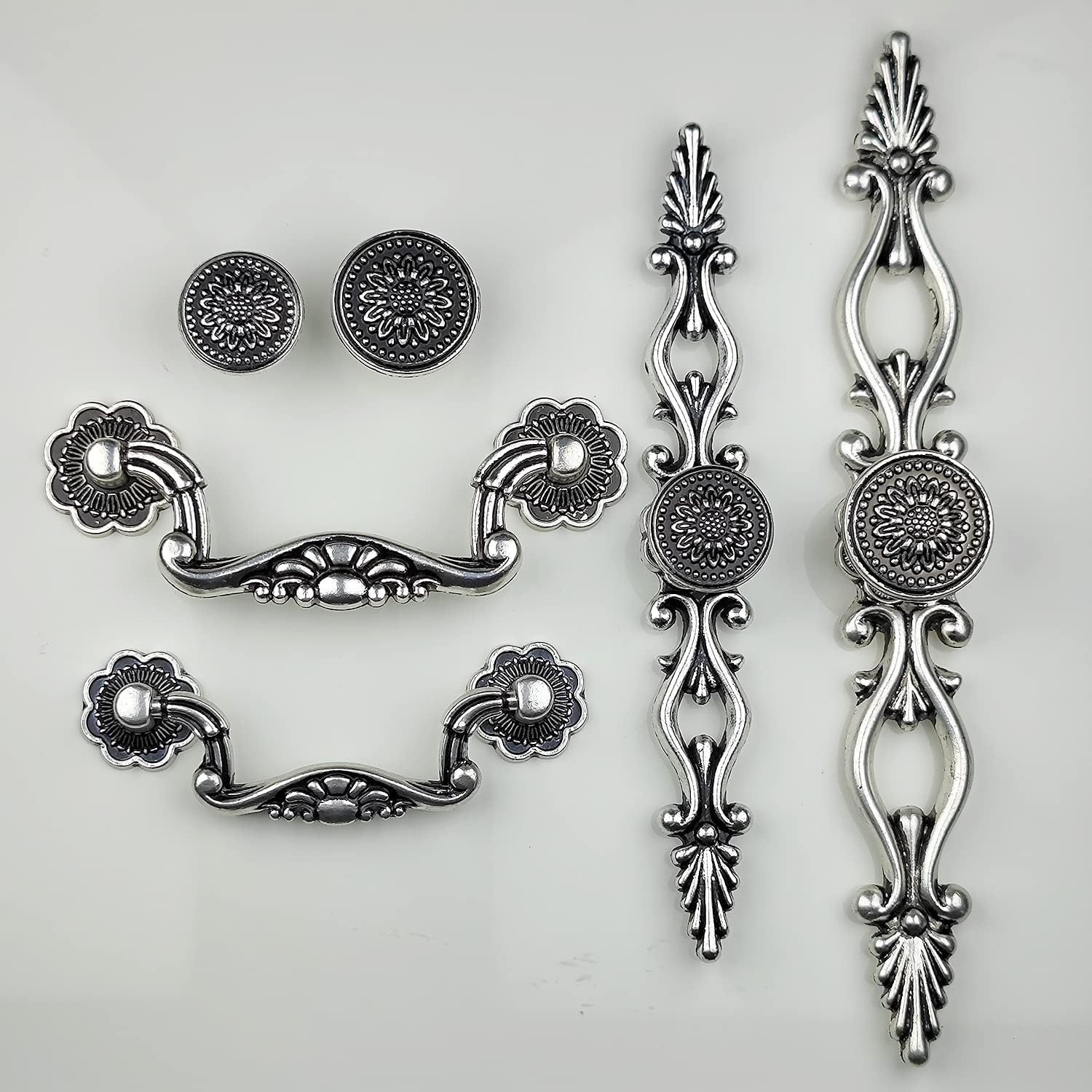 Black Antique Silver Sun Flower Drawer Dresser Pull Cupboard Cabinet Backpalte Knob Pull Handle Vintage Furniture (10,6.3" Hole Centers Backplate)