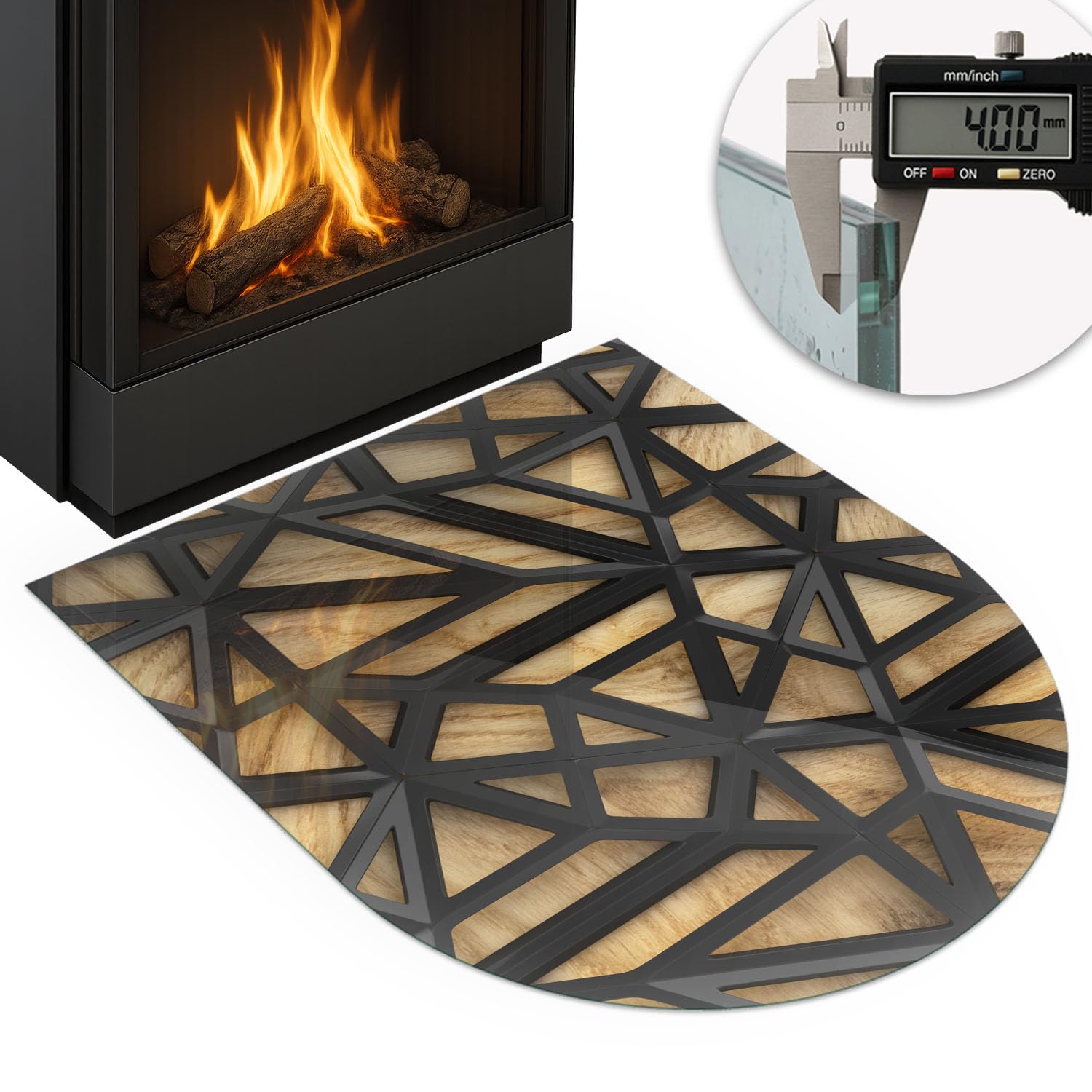 Piastra per camino e stufa 80x70cm di Vetro Temperato Protezione del Pavimento Resistente a Scintille Design Elegante Arco Resistente alle Alte Temperature - Geometria con il legno