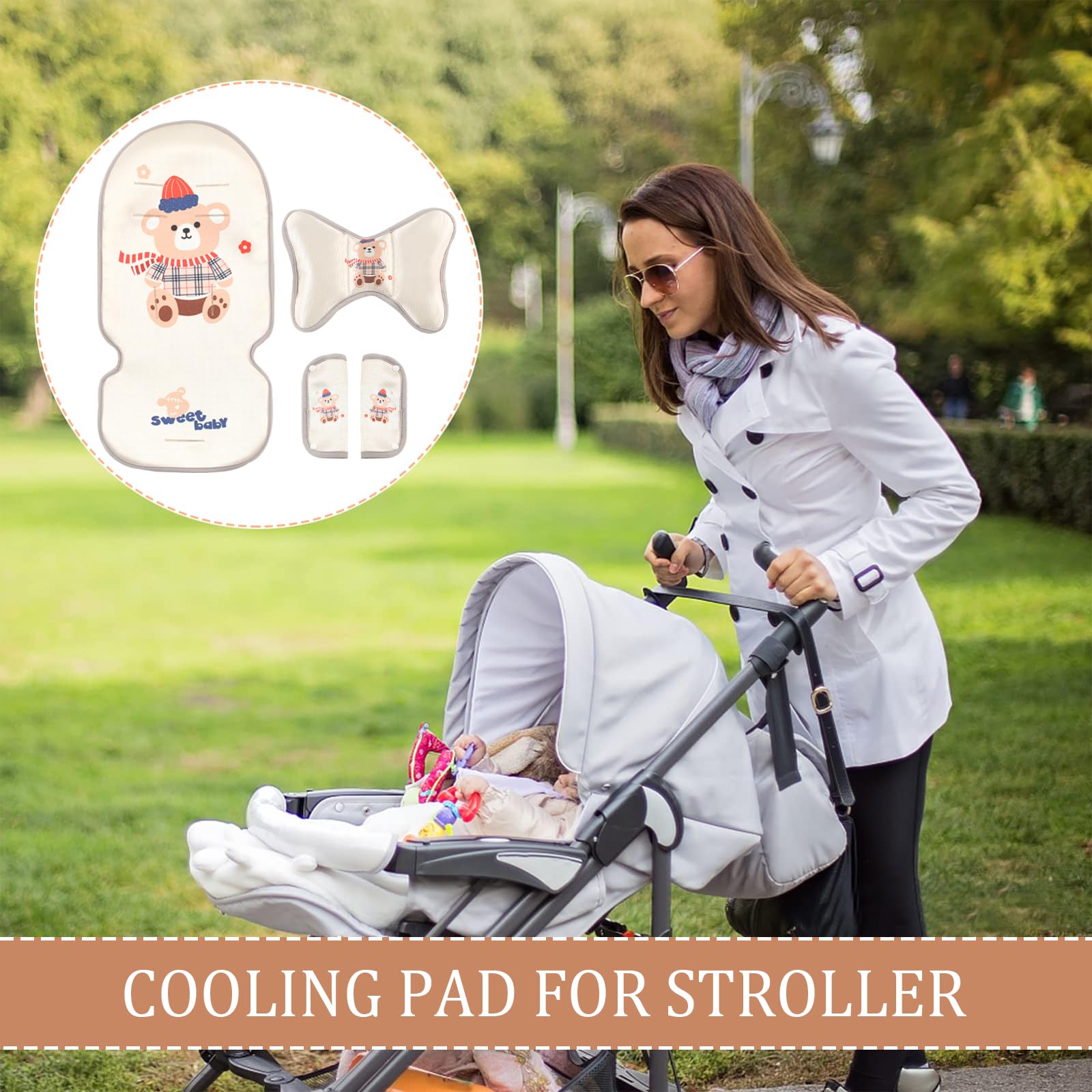 Sitzauflage Kinderwagen Sommer Kinderwagen, 5 Punkt Gurt Kühlkissen Weiche Atmungsaktive, 3 Stück Kühler, Kissen Schulterpolster, Kopfkissenkinder, Mit Niedlichen Tieren (Bär)