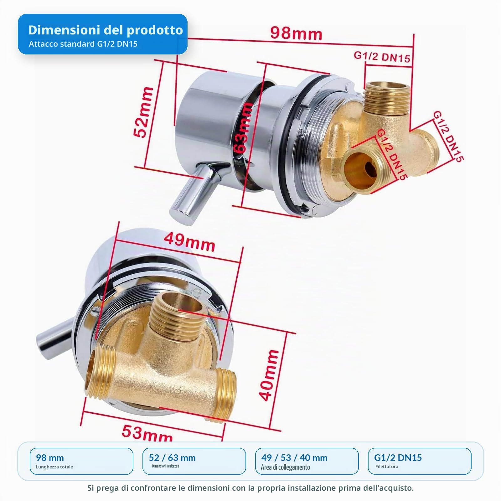 Gekufa Miscelatore termostatico per doccia in ottone | Rubinetto di Uscita Due in Uno G1/2" per Bagno, Acqua Fredda e Calda per Cabina Doccia Integrale