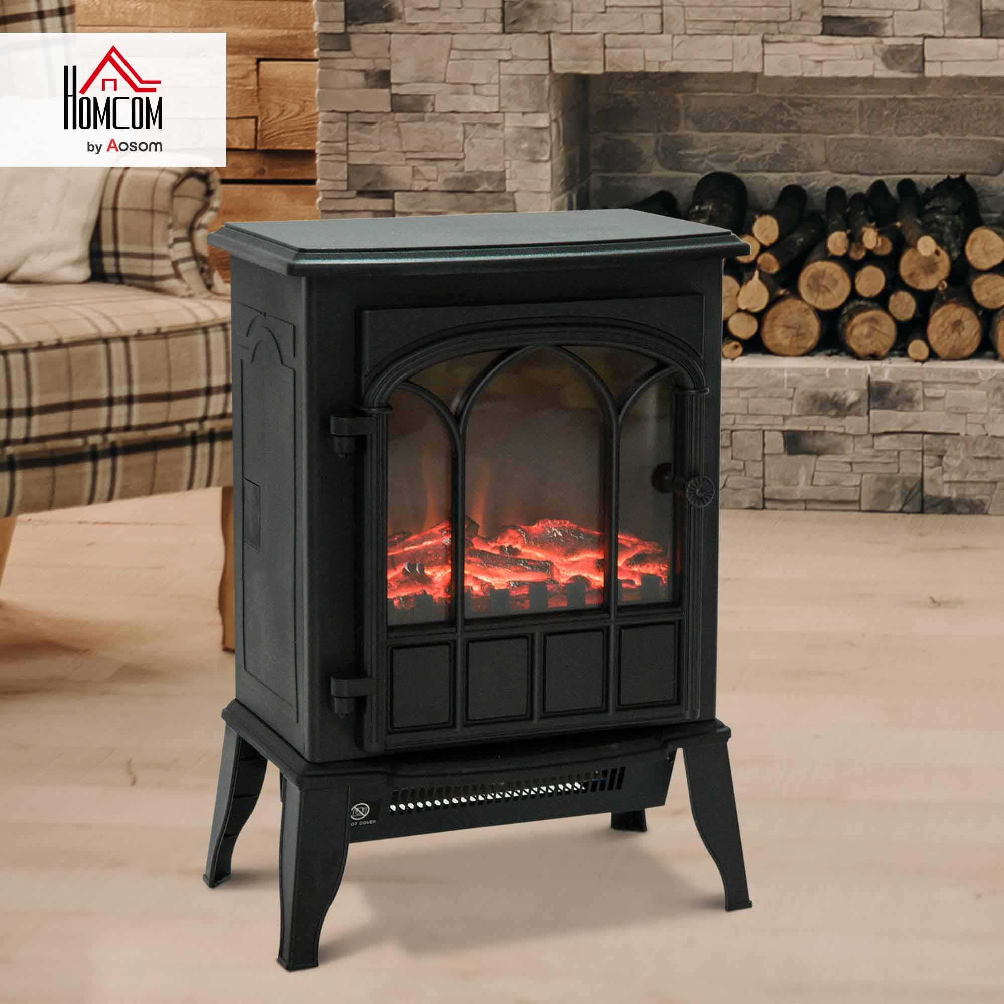 HOMCOM Chimenea Eléctrica de Pie 1000W/2000W Decorativa con Ventana Efecto Llama Temperatura Ajustable Protección Sobrecalentamiento 39x23x56,5 cm Negro