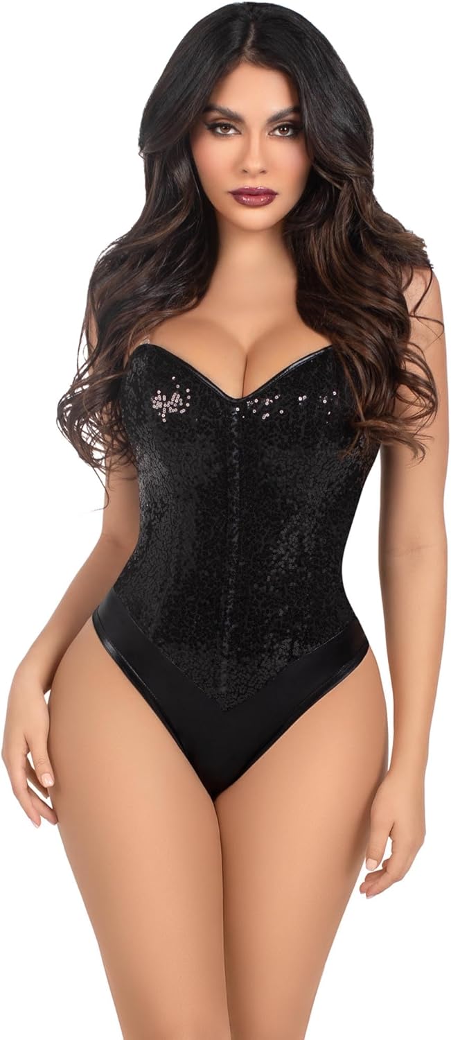 Leg Avenue Women's 2 Pc Sequin Boned Snap Crotch Bodysuit With Detachable Clear Straps