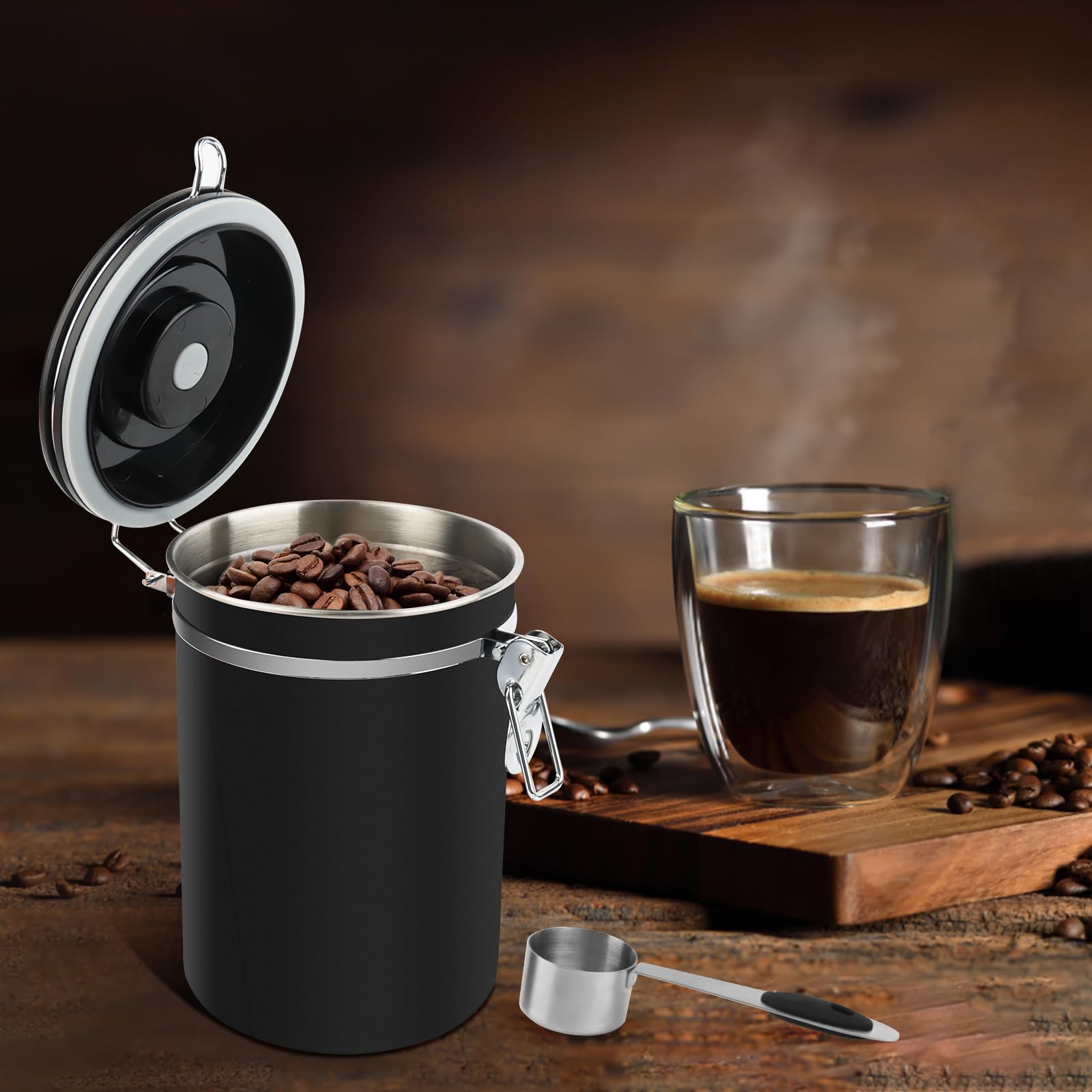 LWMTT Contenitore ermetico in acciaio inox, 1,8 l, con valvola di scarico, per chicchi di caffè, noci, cacao (BK)