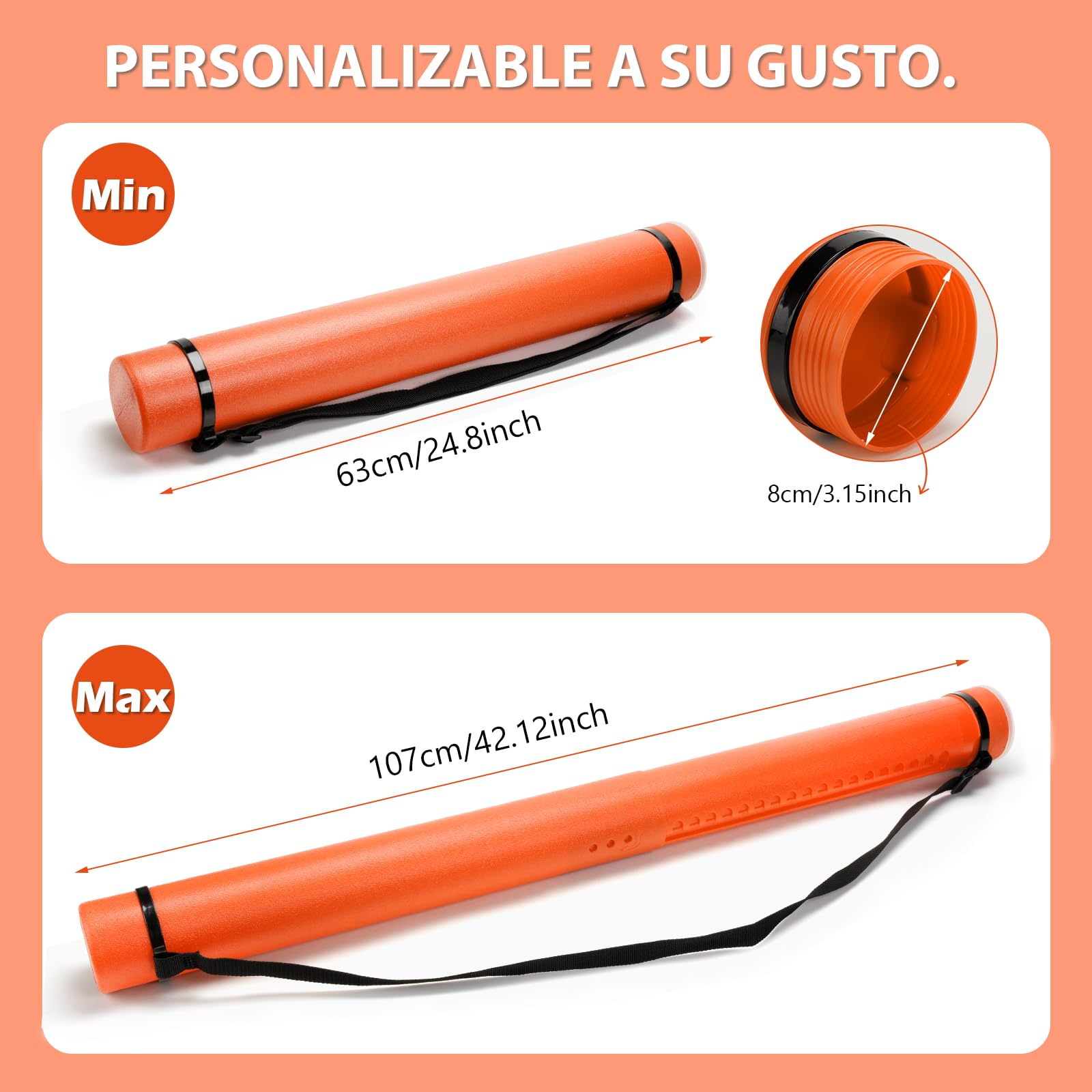 DEWEL Tubes Transport a0, Tube Poster, 63-107 cm, tubo de dibujo de transporte adecuado para fotos, carteles y flipbooks, longitud y asa ajustables, de plástico. (naranja)