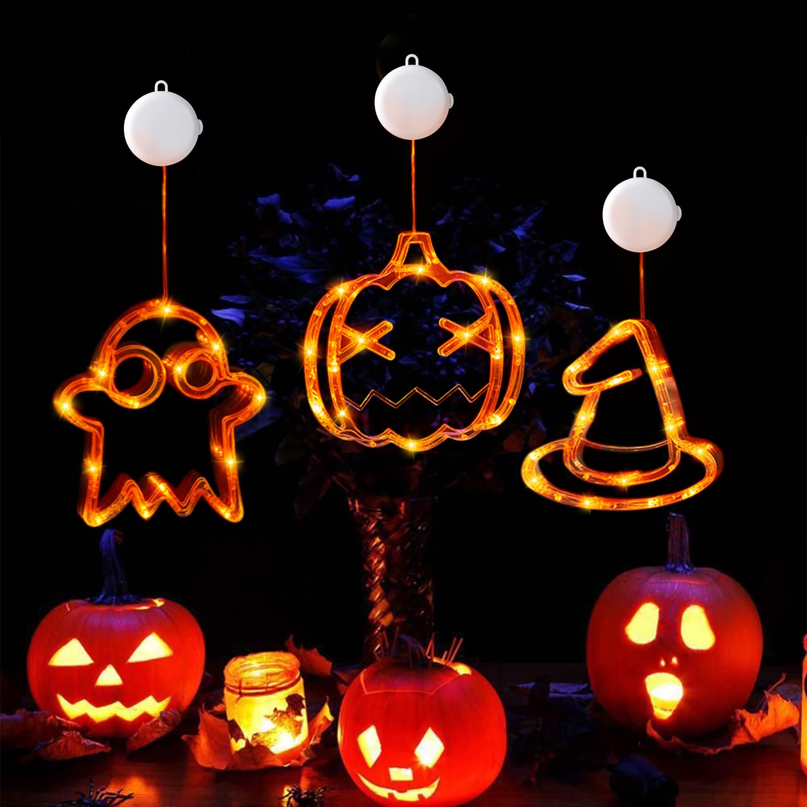 Citrouille Halloween lumineuse à pile et suspensions à ventouse