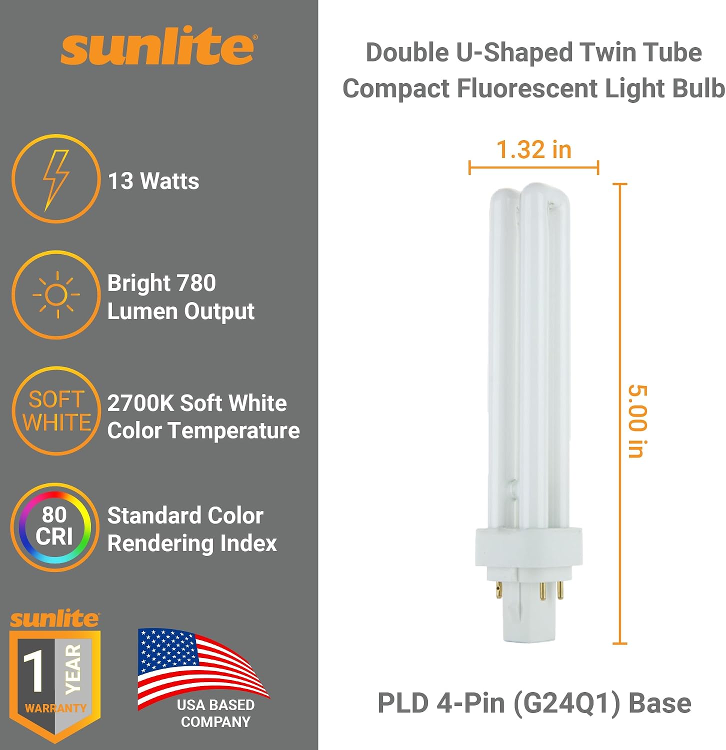 Sunlite PLD13/E/SP27K Compact Fluorescent PLD 4-Pin Double U-Shaped Twin Tube, 13 Watts, 120 Volts, 780 Lumens, 2700K Soft White, 4-Pin G24q1 Base, 10 Pack