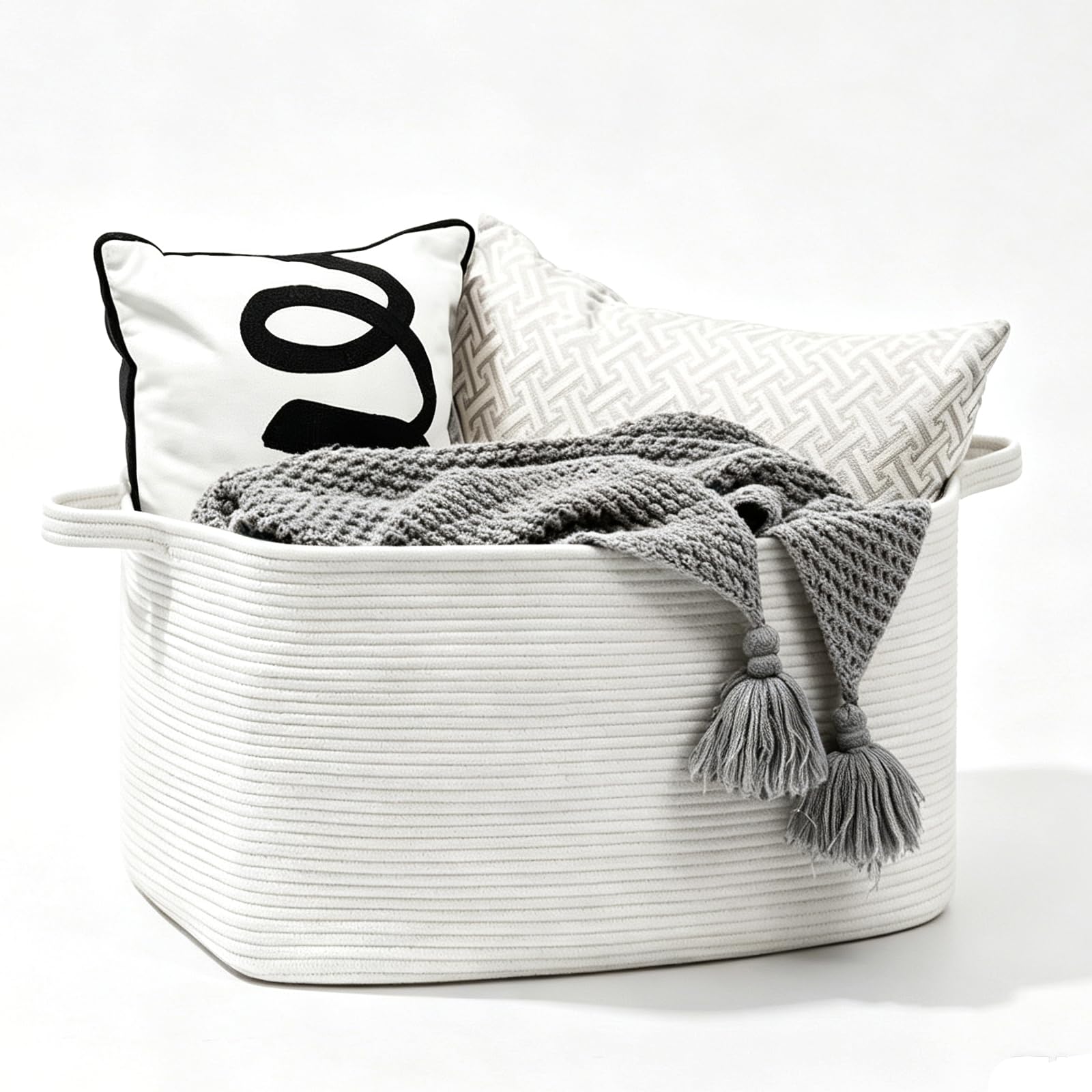 Cesto Portabiancheria in Corda Intrecciata 50L, Cesta Portabiancheria con Manici per Coperte, Giocattoli, Peluche, Vestiti, 46 x 36 x 30 cm (Bianco)