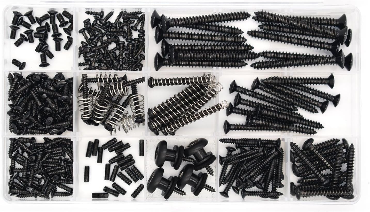 Guitar Screws Kit 304 Stainless Steel Luthier Parts-kit for Tele/Strat/SQ,Switch,Tuner,Machine Head, Neck Plate,Pickguard,Guitar Strap End Pins,Pickup,Bridge,Guitar DIY Kit(Metric, Black)