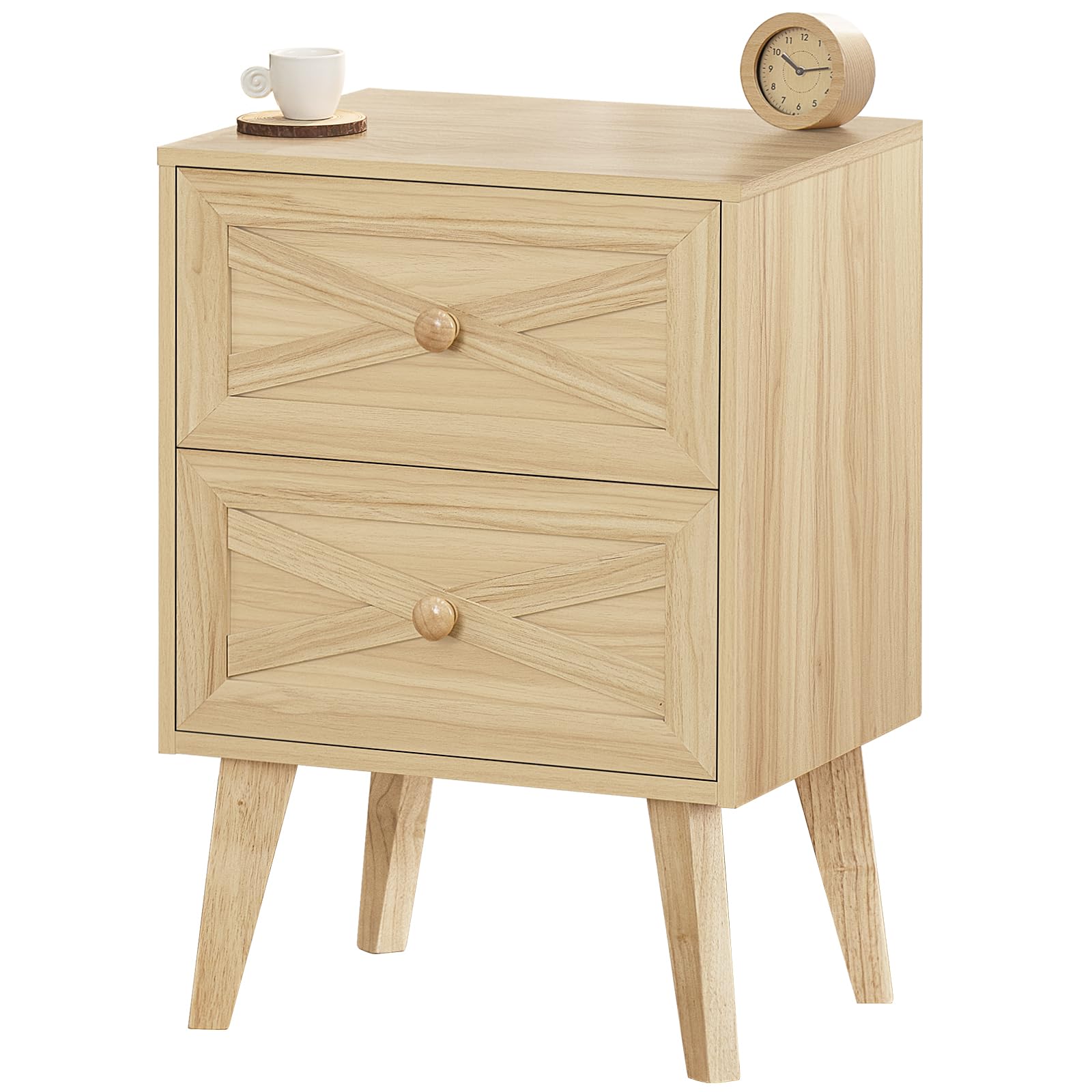 Lerliuo Nightstand, Natural End Table with 2 Drawers Barn Door Decorated, Mid Century Modern Night Stand, Bed Side Table with Storage, Solid Wood Legs Cabinet Dresser for Living Room, Bedroom, Dorm