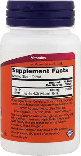 Miniatura 2 de NOW Vitamina B-1 tiamina 100 mg 100 tabletas Paquete de 4