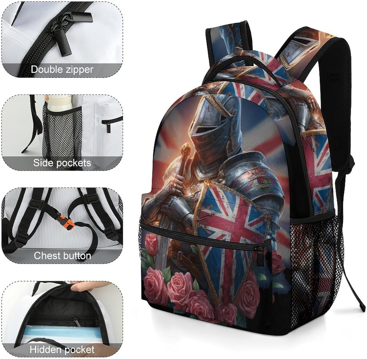 Knights British Flag Roses Unisex Backpack Casual Daypacks Lightweight Shoulders Bag for Camping Hiking Travel