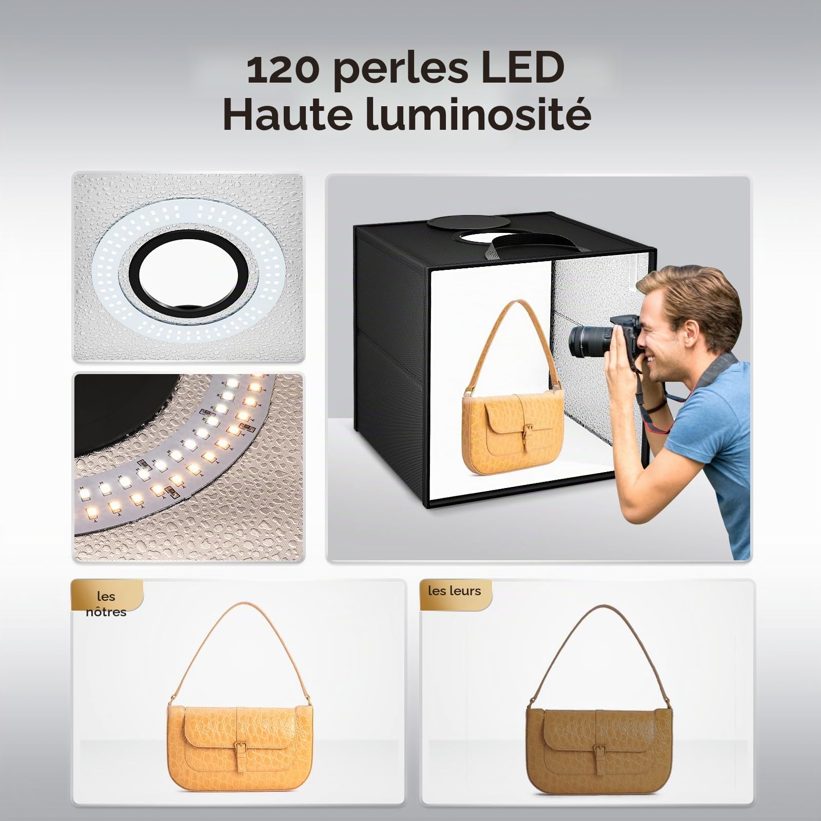 Boîte à Lumière pour Studio Photo, Kit de Tente de Prise de Vue Photo, Boîte de Studio Photo avec 120 Lumières LED Dimmables, 3000K-5600K, 6 Fonds de Couleur pour la Macrophotographie.