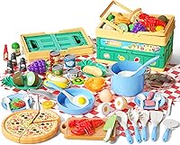 Vista 14 de Juego de cocina de 80 piezas, cocina para niños pequeños con ollas, sartenes, utensilios de cocina, alimentos, manta de picnic, frutas, verduras