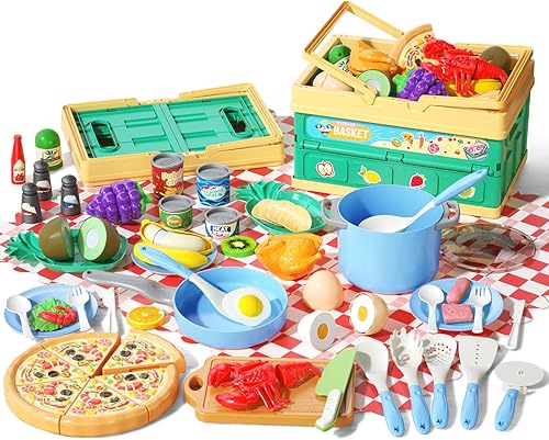 80 piezas de juego de cocina, juego de cocina de imitación para niños pequeños con ollas, sartenes, utensilios de cocina, alimentos, manta de Azul