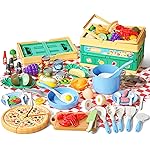 80Pcs Kitchen Playset, Toddler Pretend Cooking with Pots, Pans, Cookware, Food, Picnic Blanket, Fruits, Veges, Shopping Storage Basket, Dessert , Learning Gift for Girls Boys (Blue)