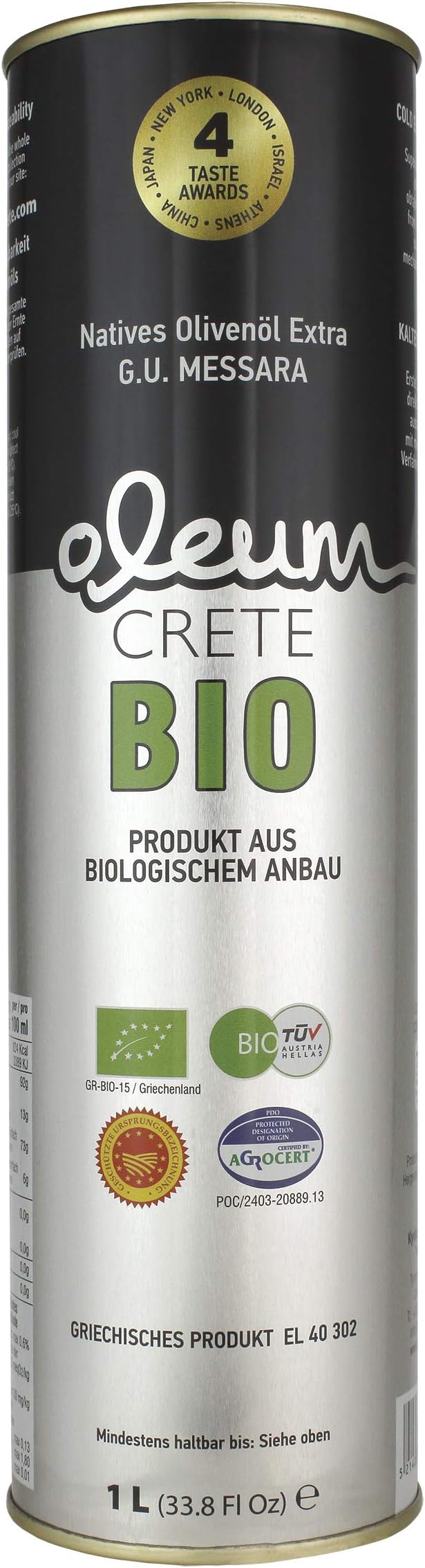 Oleum Crete BIO "Oleum Crete Messara P.D.O". South Crete Plateau. Extra virgin olive oil (1 liter). The producer has won more than 33 international taste awards. DE-รKO 006