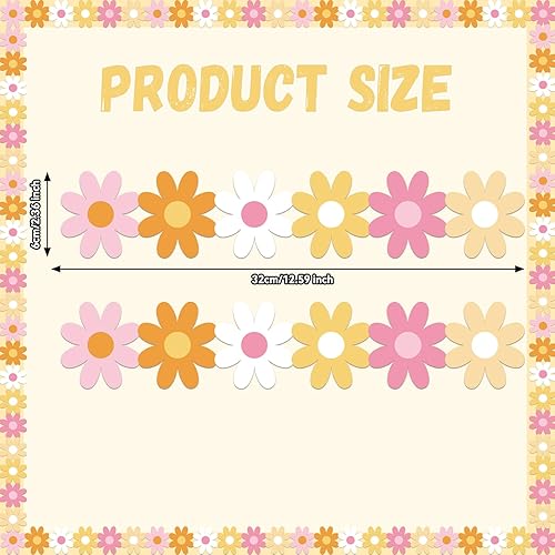 Miniatura 2 de Tablero de anuncios de papel de margarita bohemio de 69 pies, bordes retro groovy para aula, tiras de borde hippie para decoración de aula de