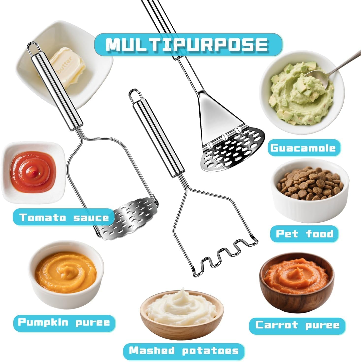 3pcs Stainless Steel Potato Masher, 9.8 Inch Length, Ergonomic Handle, Kitchen Utensil for Vegetables