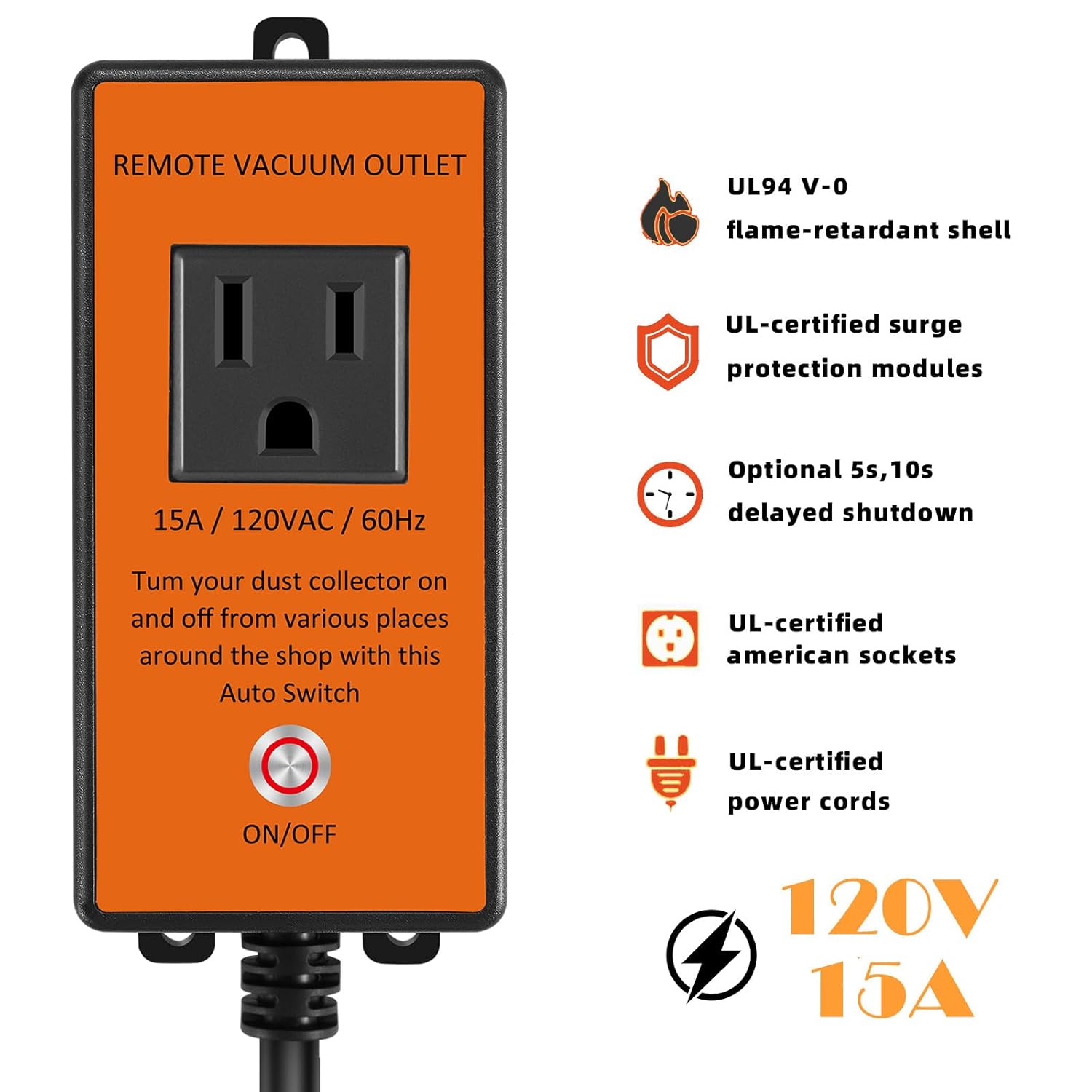 Automatic Remote Vacuum Outlet with 2 Remote Controls, 120V/15A, Dust Collector Remote Switch, Auto ON Off Switch for Dust Collector,5S Delay Shutdown