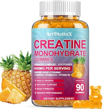 Creatine Monohydrate Gummies with BCAA, L-Carnitine, Taurine & Vitamin B12 - Pre Workout Supplement for Muscle Growth, Strength & Energy - Pineapple Flavor Gummies, 90 Count for Men & Women