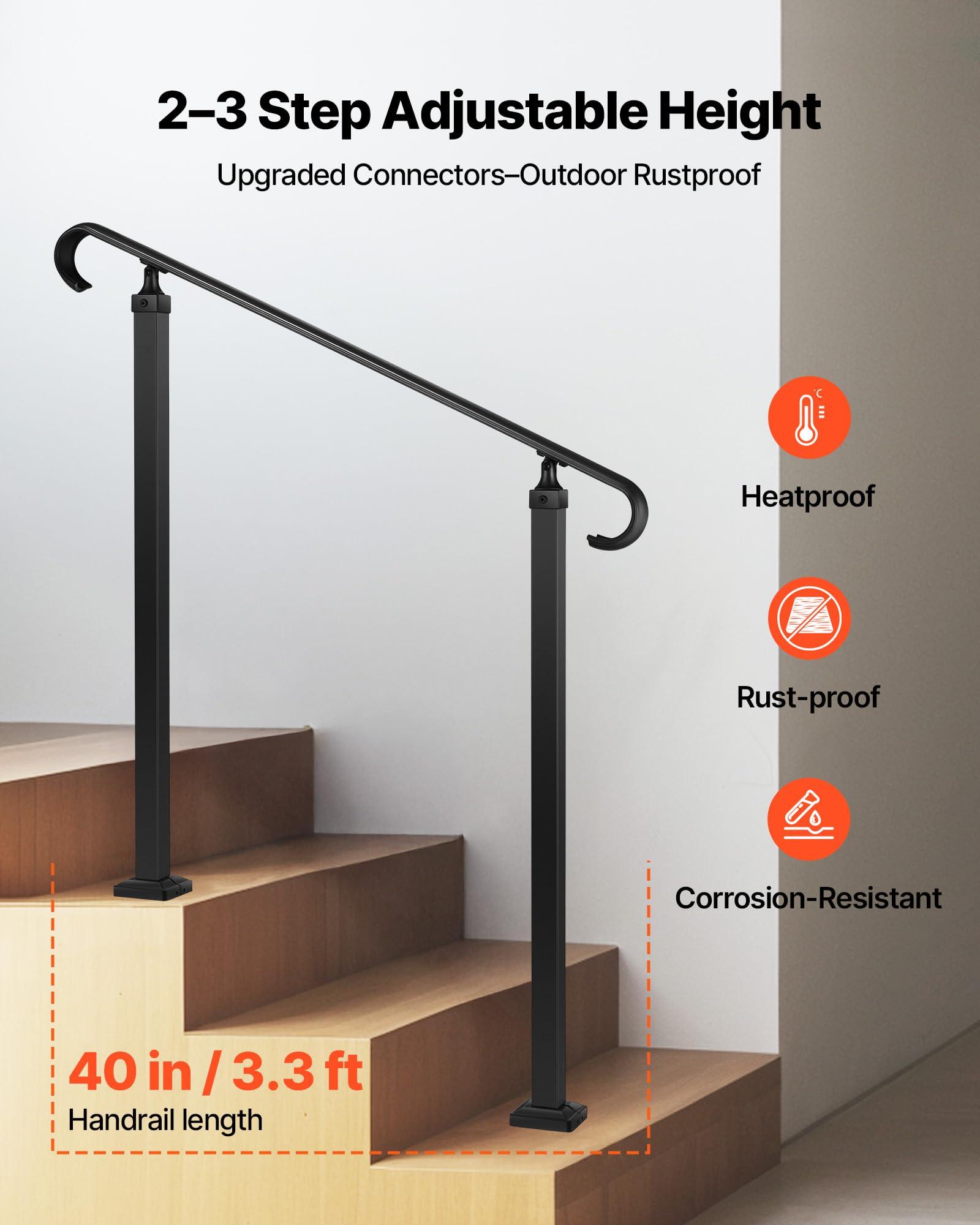 VEVOR Barandilla de Escalera Exterior de Acero al Carbono Pasamanos para 2-3 Escalones Carga de 100 kg con Kit de Instalación para Personas Mayores, Escalones de Concreto, Porche, Patio, Negro