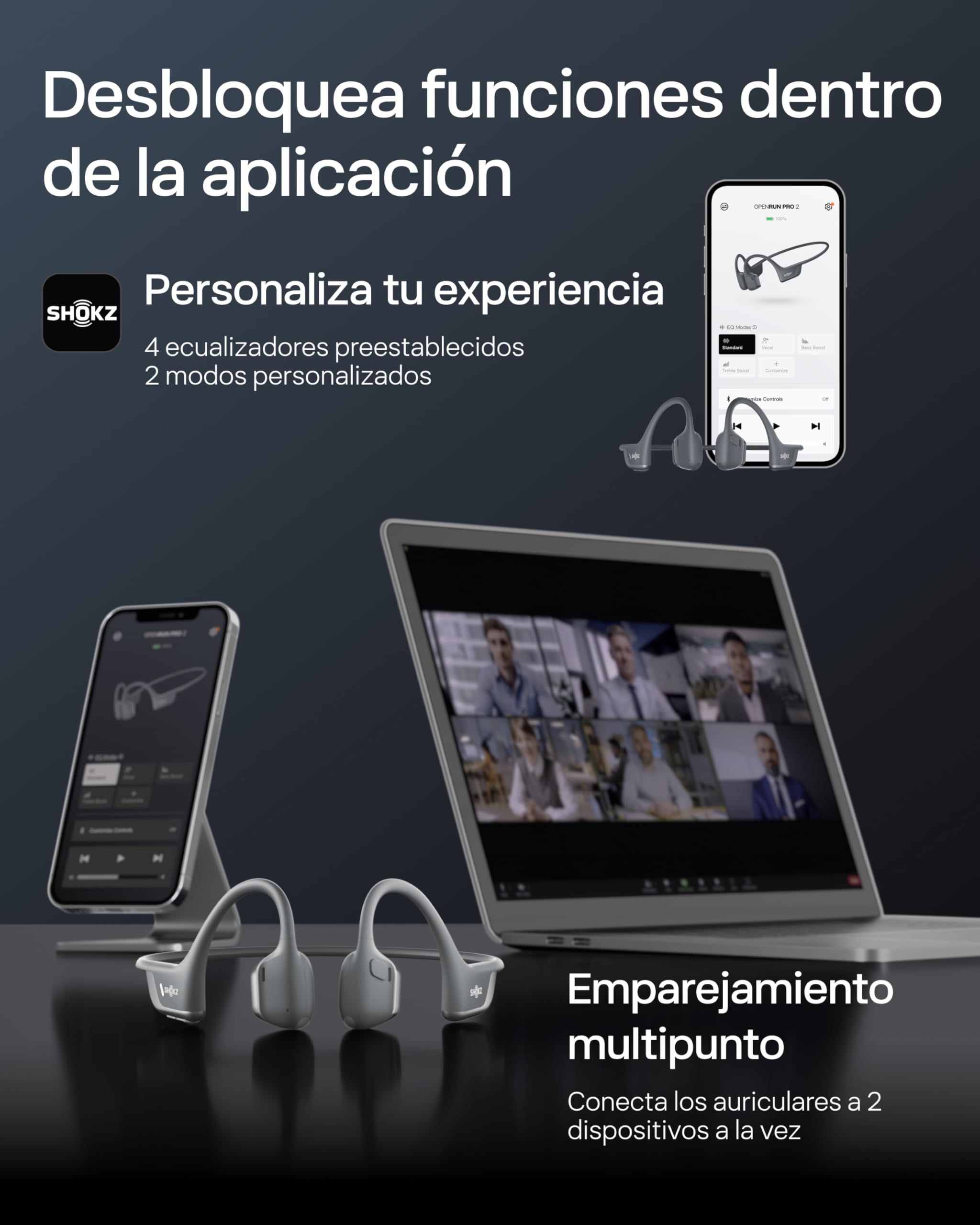 SHOKZ OpenRun Pro 2 Auriculares Deportivos de Conducción Ósea, Inalámbricos Bluetooth 5.3, Micrófonos con Cancelación de Ruido, Resistente al Agua IP55, 12h Reproducción, Carga Rápida USB-C, Negro