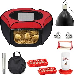 Chick Brooder Box, 7 Pcs Starter Kit Chicken Feeder and Waterer Set with 75W Heat Lamp, Perch Stand to 15 Chicks, Duck, Quail
