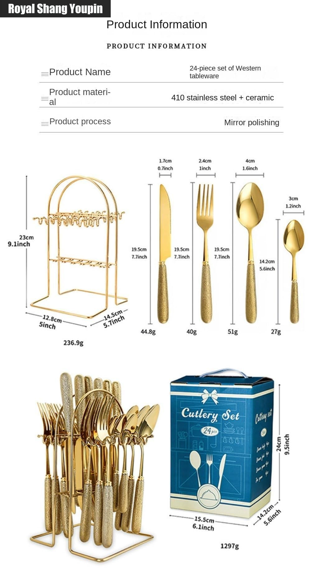 24 Pezzi Martello Grano Manico in Ceramica Cucina Acciaio Inossidabile Posate Stoviglie Posate Coltelli Forchette Cucchiai Set Per 6 Persone (Oro)