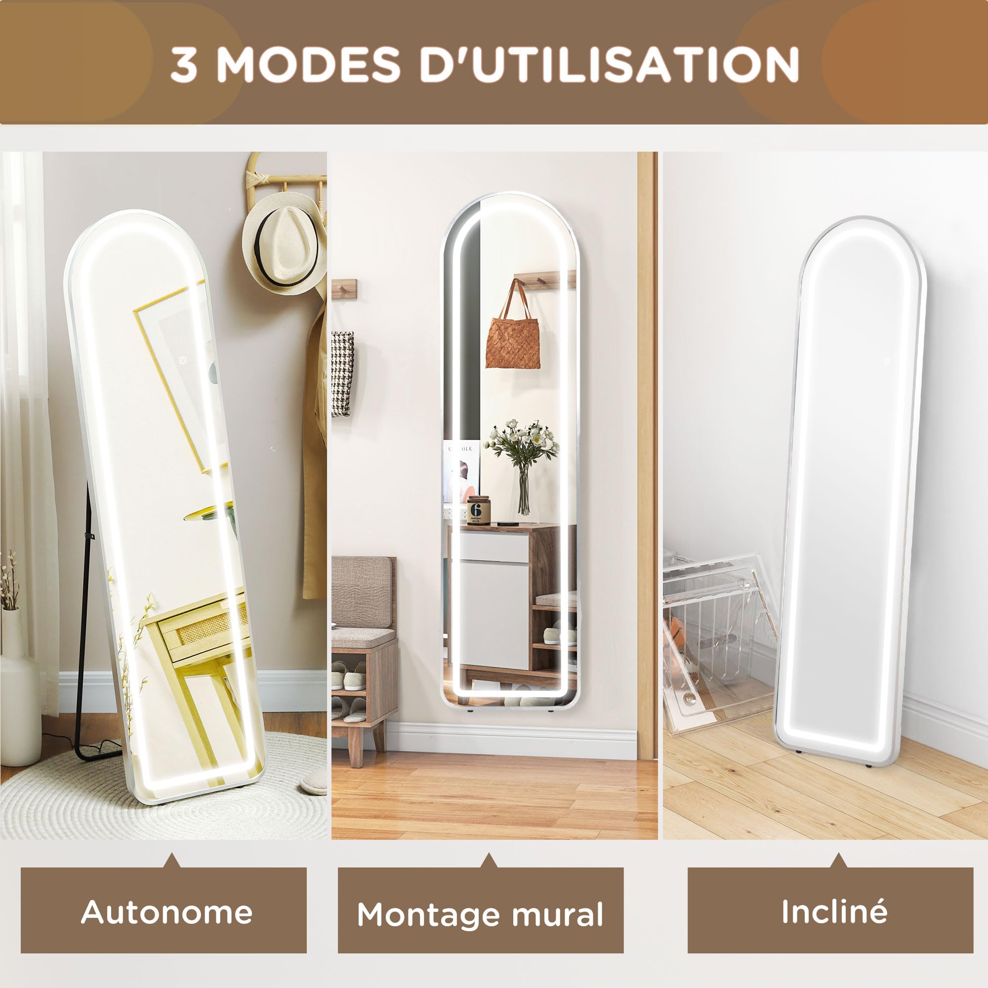 HOMCOM Miroir Pleine Longueur LED 150x40 cm 3 Couleurs Lumière Réglables Interrupteur Tactile Fonction Mémoire Argent