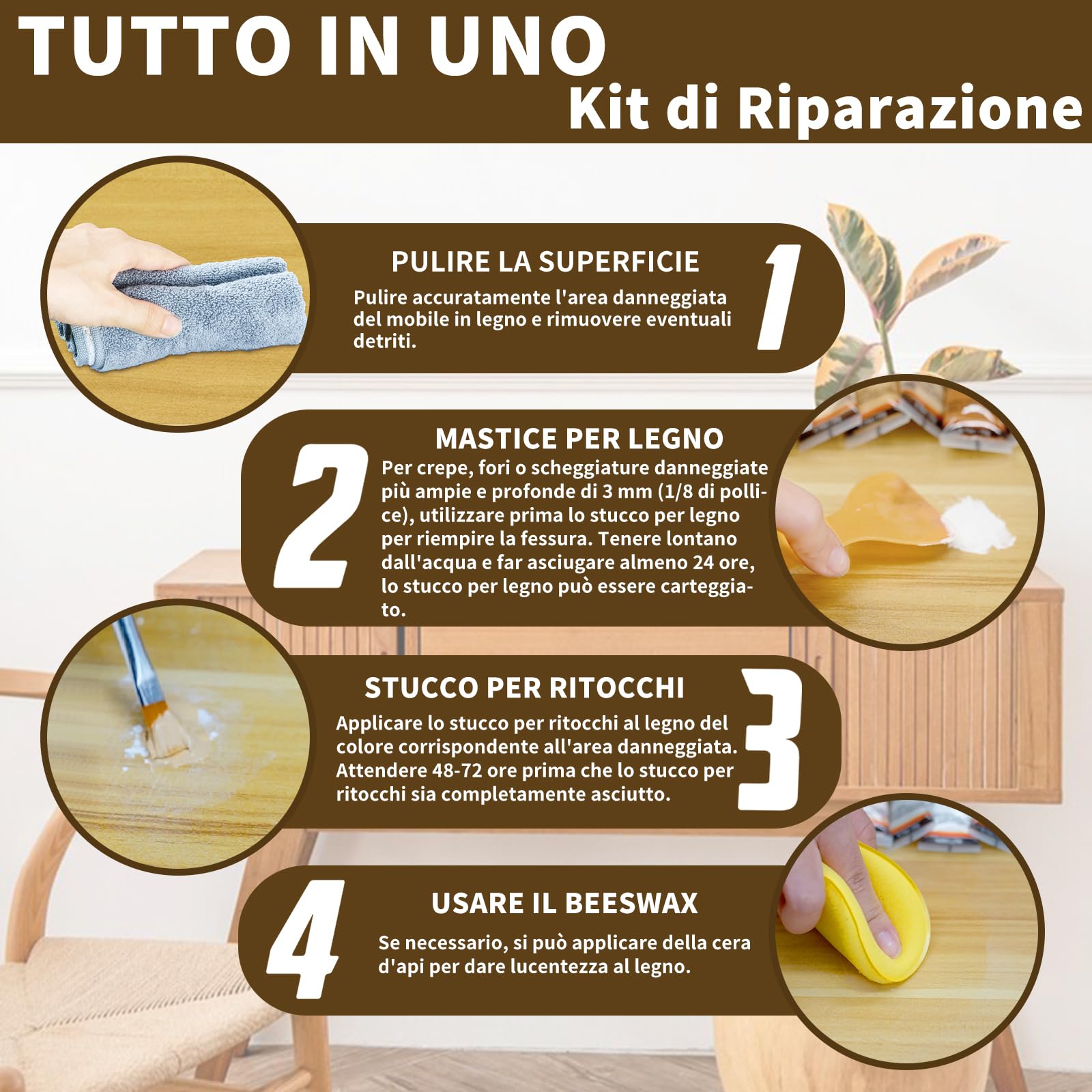Kit Per La Riparazione dei Mobili, Tutto-In-Uno Kit Riparazion Legno Include Stucco per Legno & 12 Colori Stucco per Ritocco e Cera d'Api, Kit Riparazione Mobili in Legno di Graffi, Crepe, Macchie
